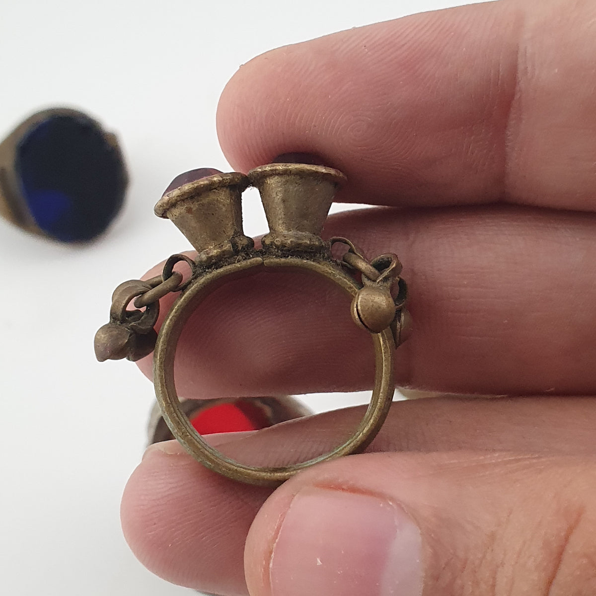Antique Ring Collection Lot of 15 Brass Stone & Glass Rings