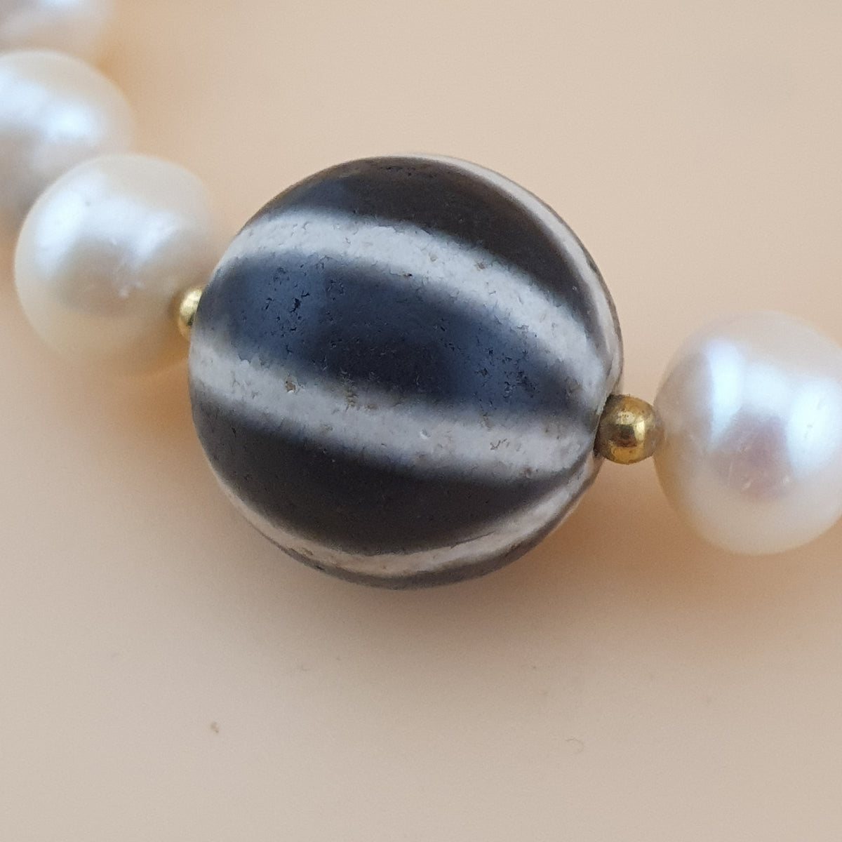 Vintage Himalayan Melon Design Dzi Bead With Authentic Pearls Bracelet
