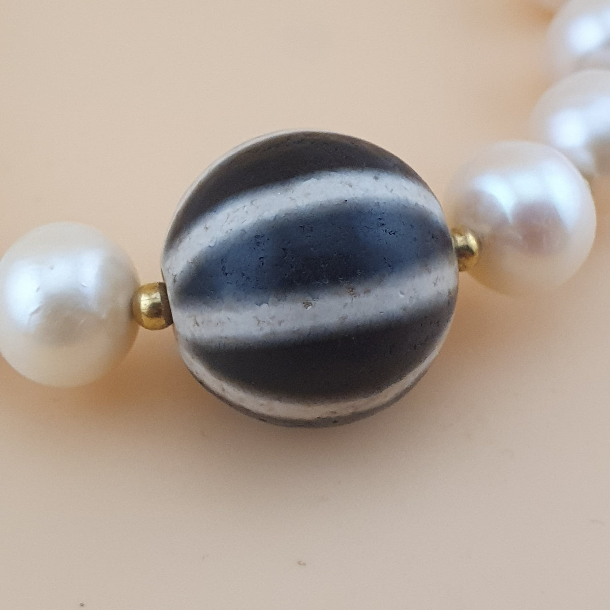 Vintage Himalayan Melon Design Dzi Bead With Authentic Pearls Bracelet
