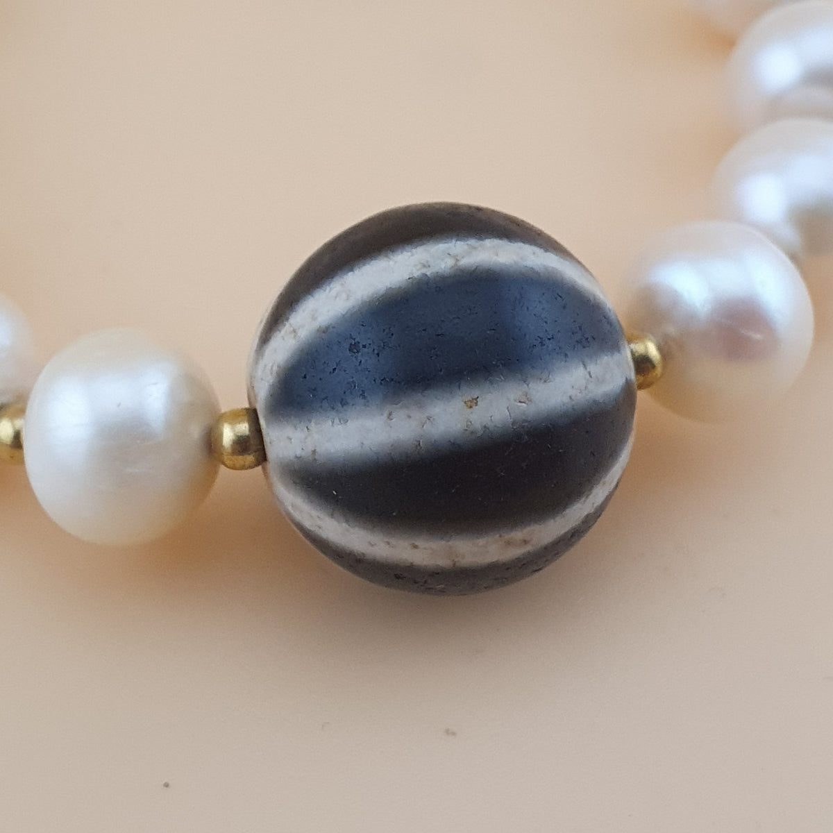Vintage Himalayan Melon Design Dzi Bead With Authentic Pearls Bracelet