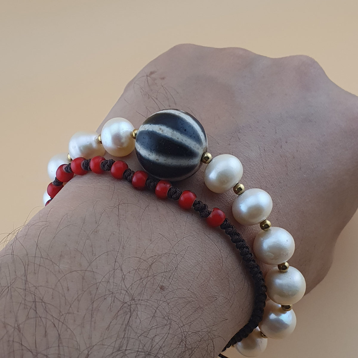 Vintage Himalayan Melon Design Dzi Bead With Authentic Pearls Bracelet