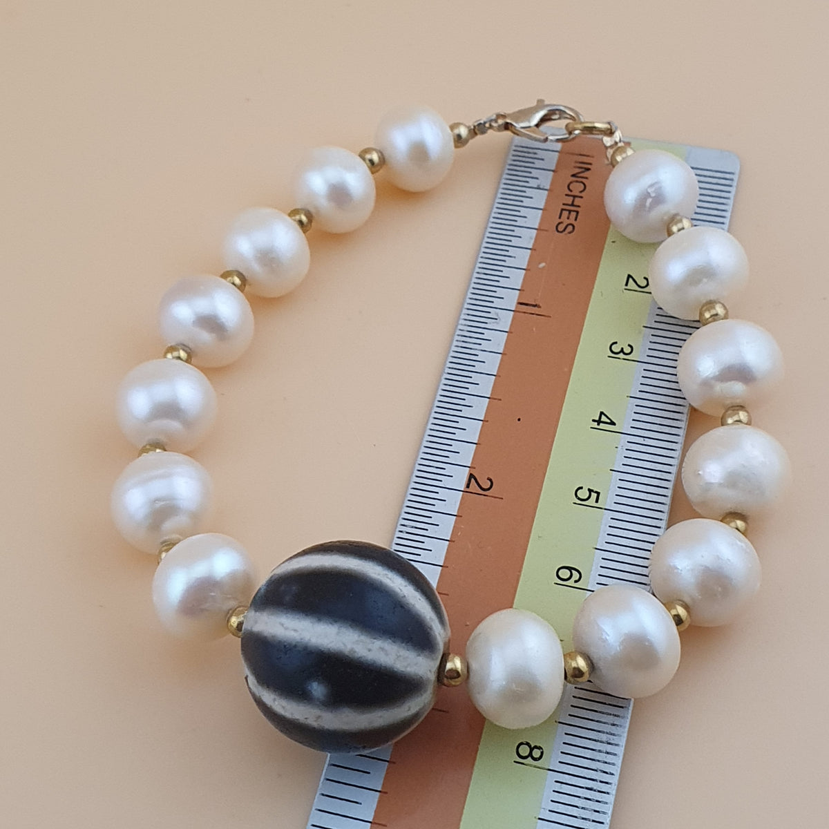 Vintage Himalayan Melon Design Dzi Bead With Authentic Pearls Bracelet