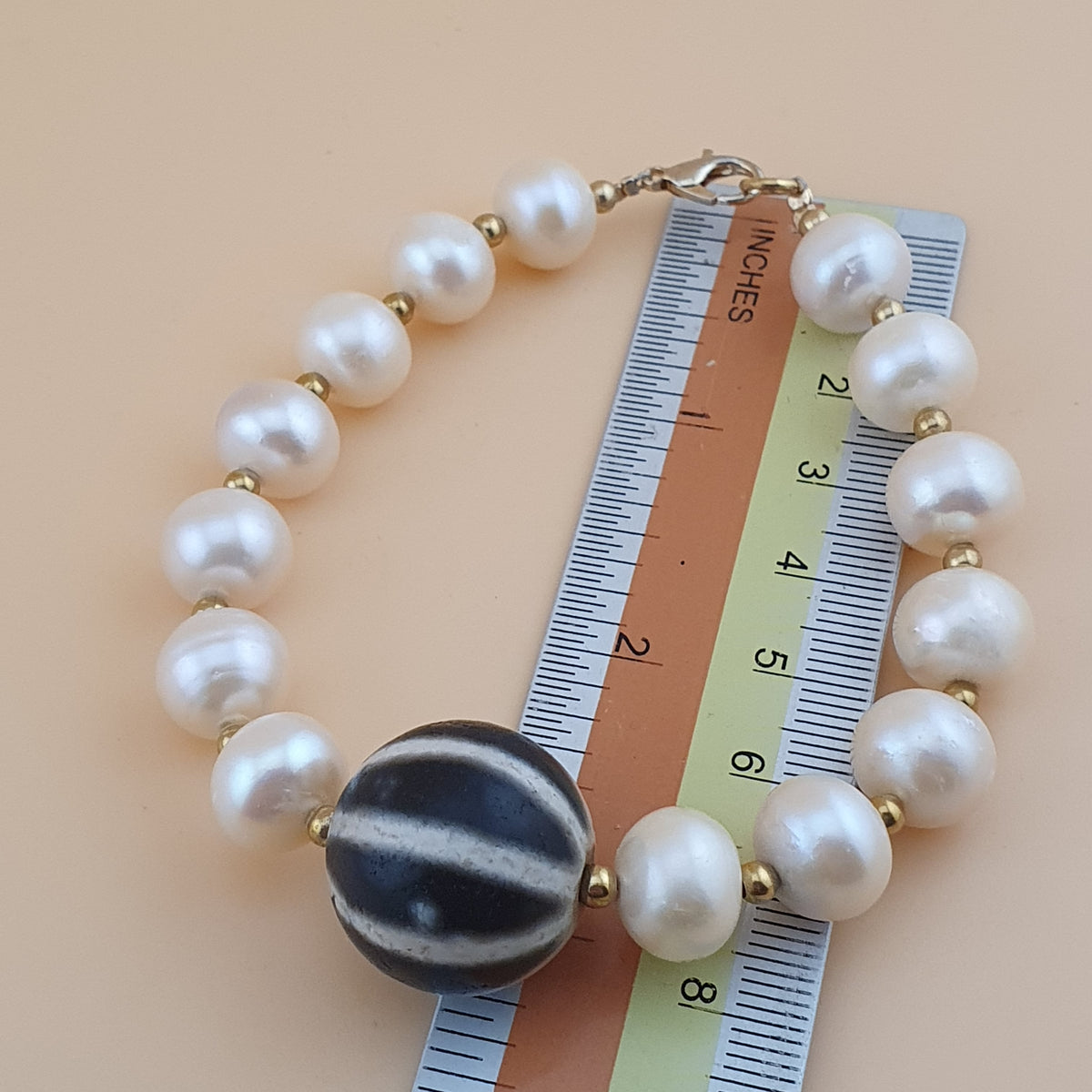 Vintage Himalayan Melon Design Dzi Bead With Authentic Pearls Bracelet