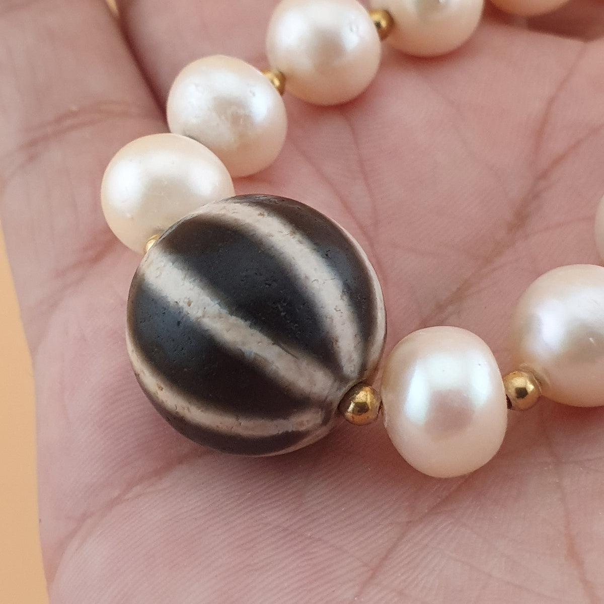Vintage Himalayan Melon Design Dzi Bead With Authentic Pearls Bracelet