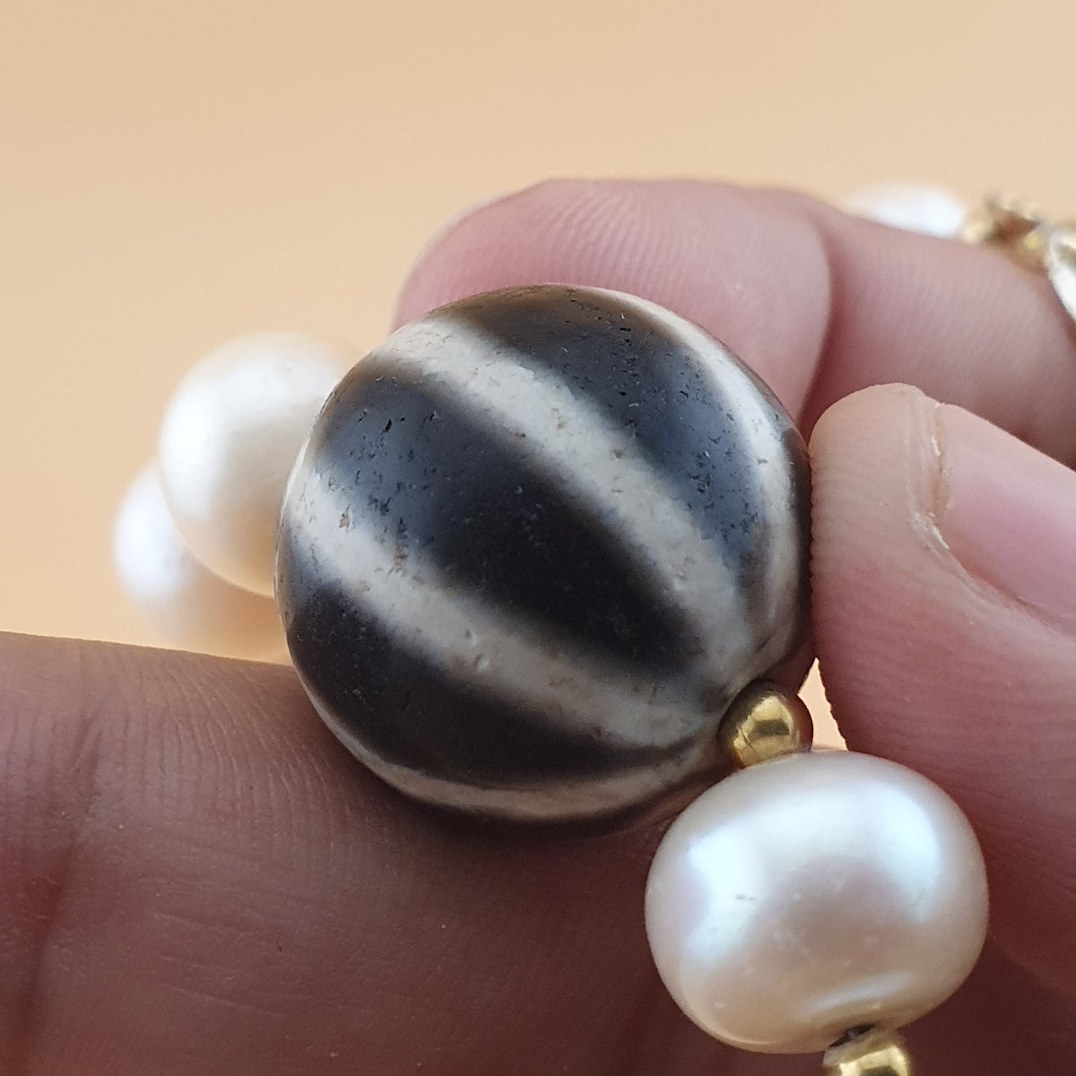 Vintage Himalayan Melon Design Dzi Bead With Authentic Pearls Bracelet