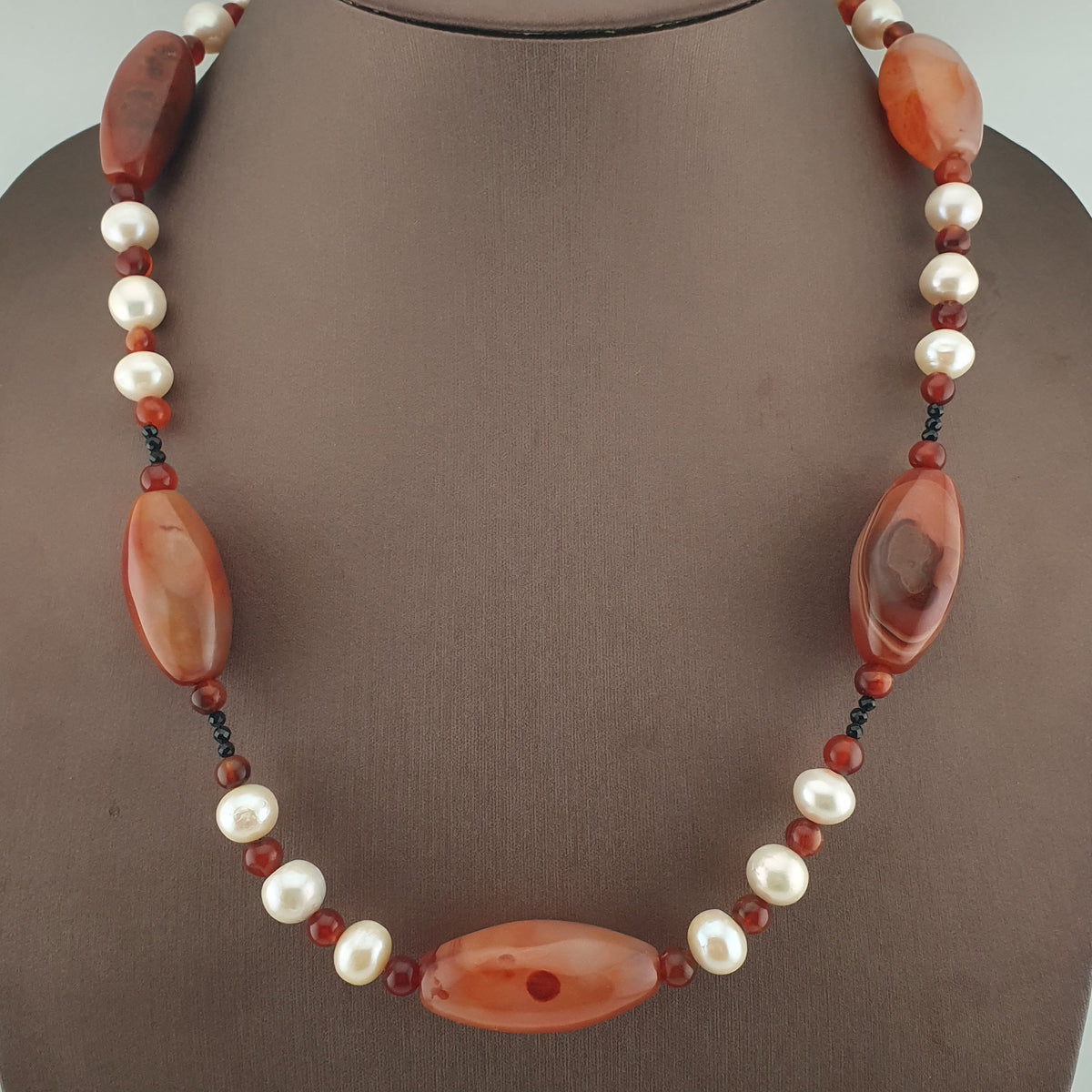 Vintage African Carnelian & Fresh Water Authentic Pearl Necklace