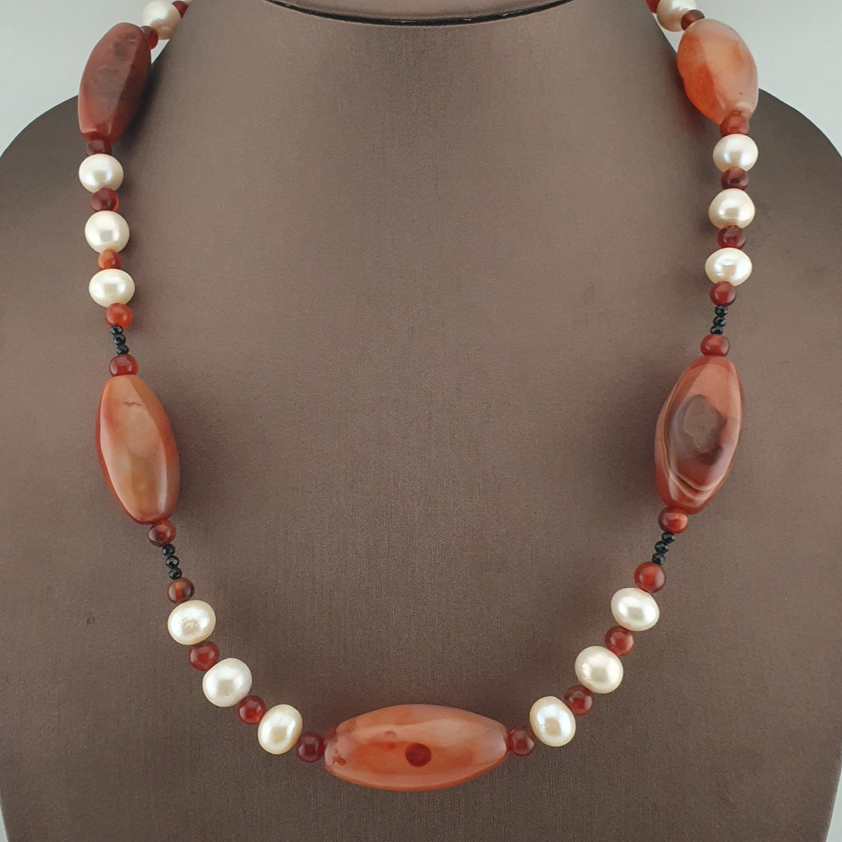 Vintage African Carnelian & Fresh Water Authentic Pearl Necklace
