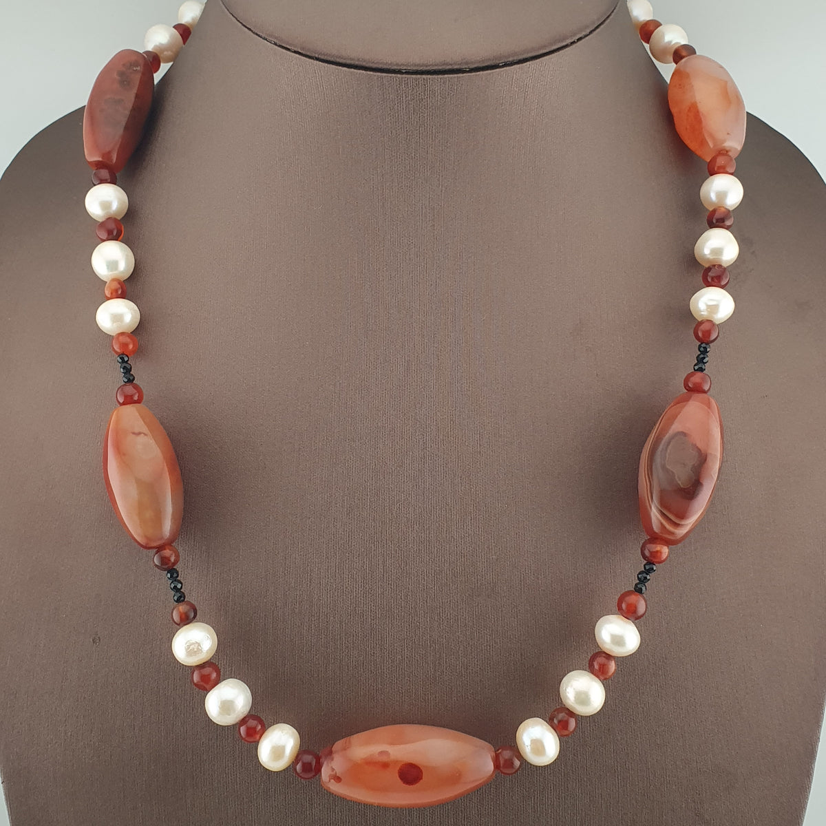 Vintage African Carnelian & Fresh Water Authentic Pearl Necklace