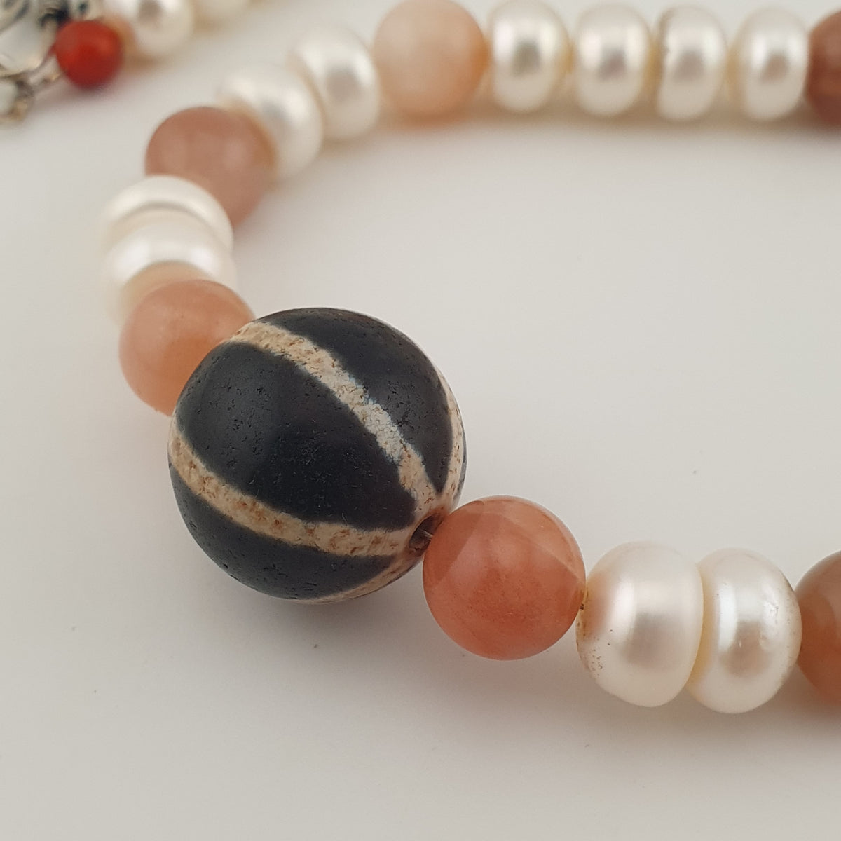 Authentic Fresh Water Pearls & Moon Stone With Melon Shape Agate Gemstone Pendant Necklace