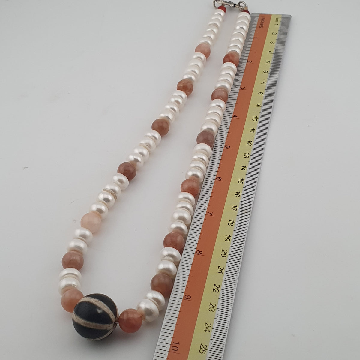 Authentic Fresh Water Pearls & Moon Stone With Melon Shape Agate Gemstone Pendant Necklace