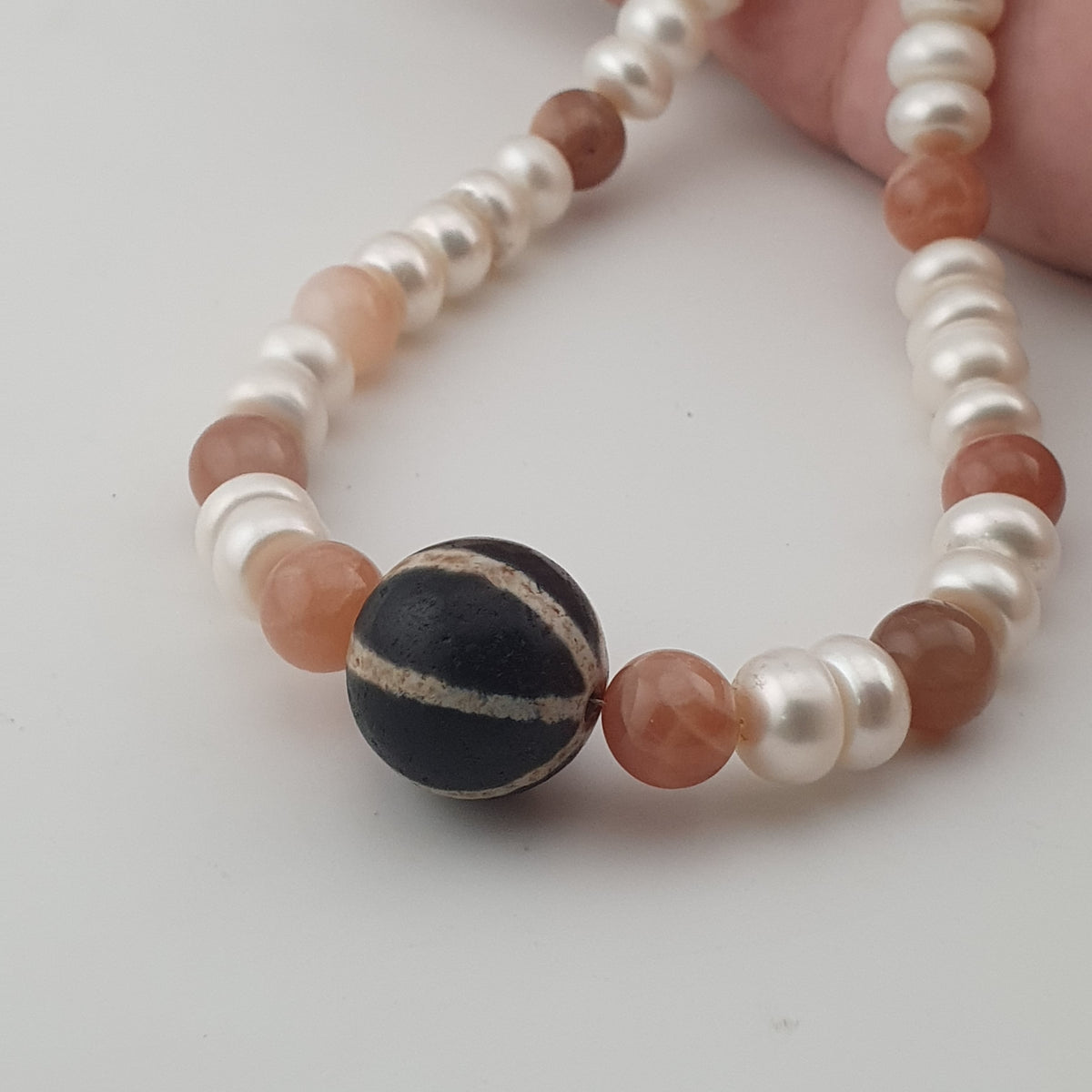 Authentic Fresh Water Pearls & Moon Stone With Melon Shape Agate Gemstone Pendant Necklace