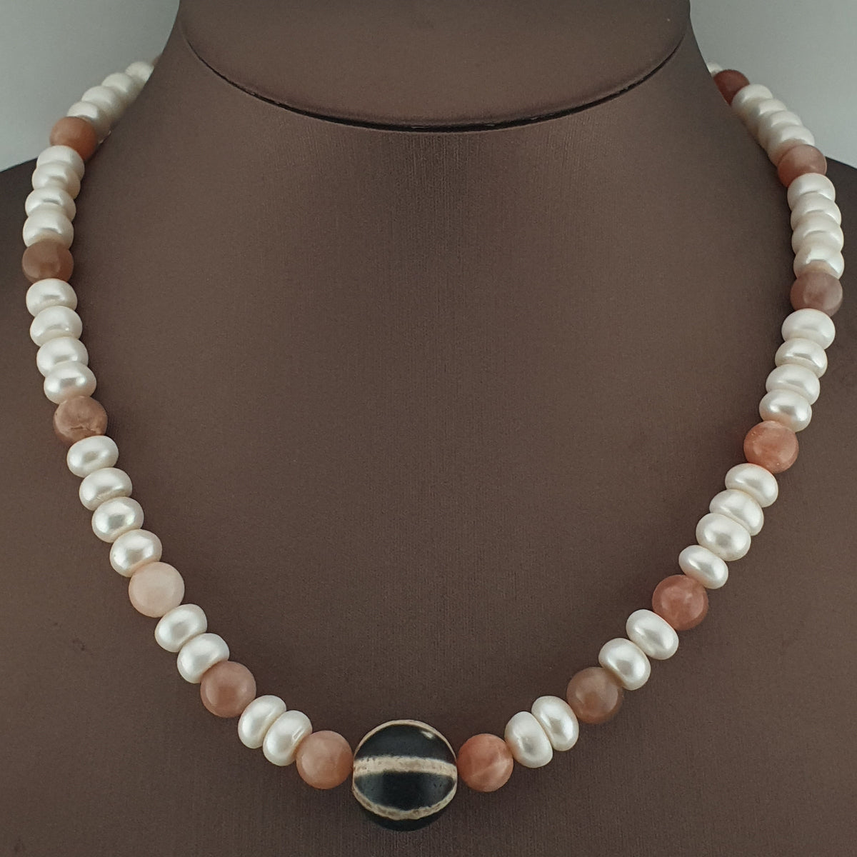 Authentic Fresh Water Pearls & Moon Stone With Melon Shape Agate Gemstone Pendant Necklace
