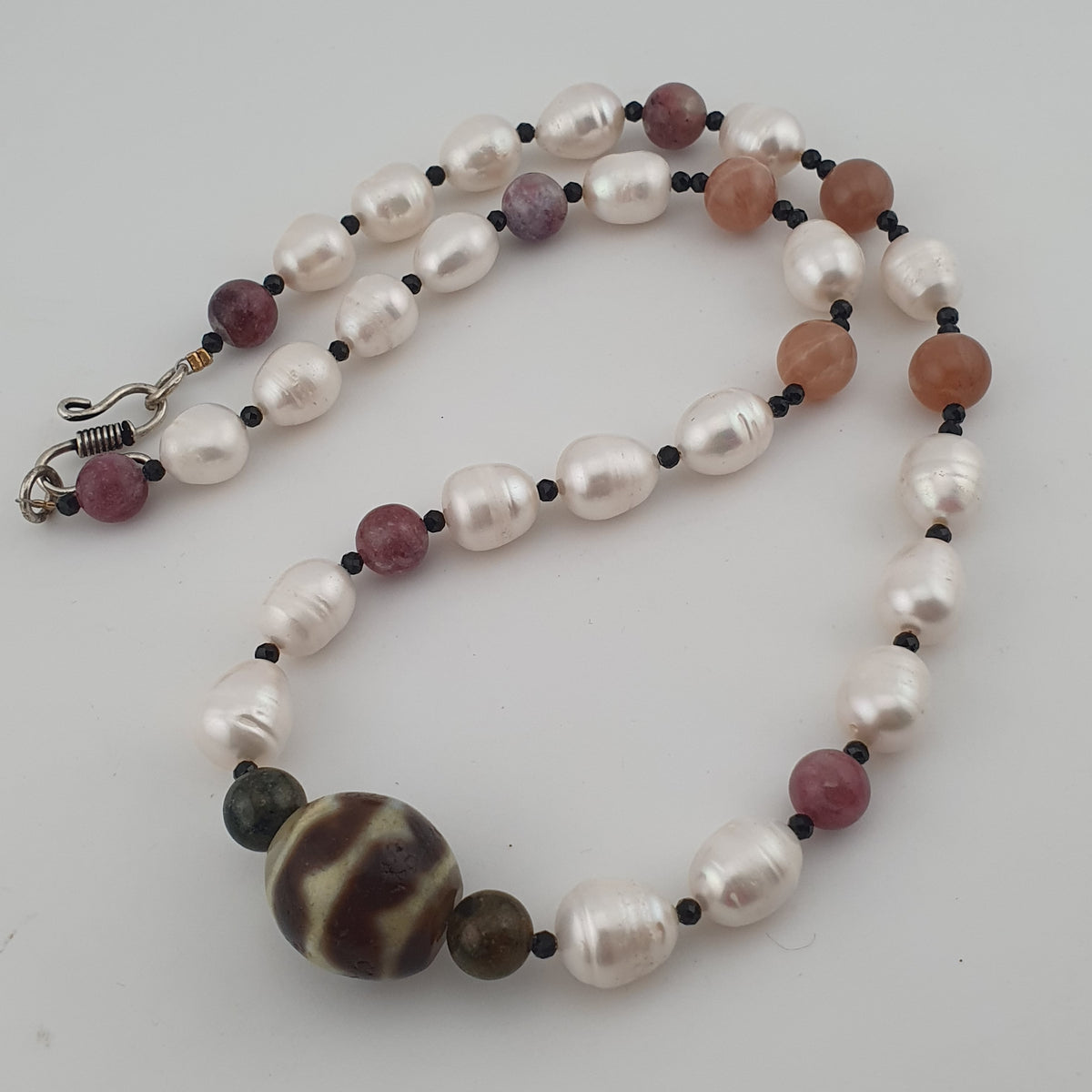 Himalayan Dzi Agate Pendant Necklace with Genuine Freshwater Pearls & Tourmaline