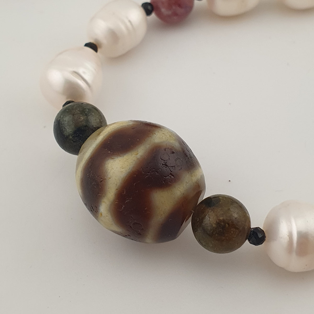 Himalayan Dzi Agate Pendant Necklace with Genuine Freshwater Pearls & Tourmaline