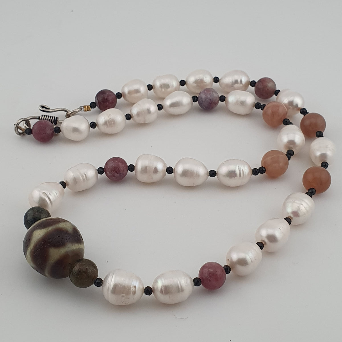 Himalayan Dzi Agate Pendant Necklace with Genuine Freshwater Pearls & Tourmaline