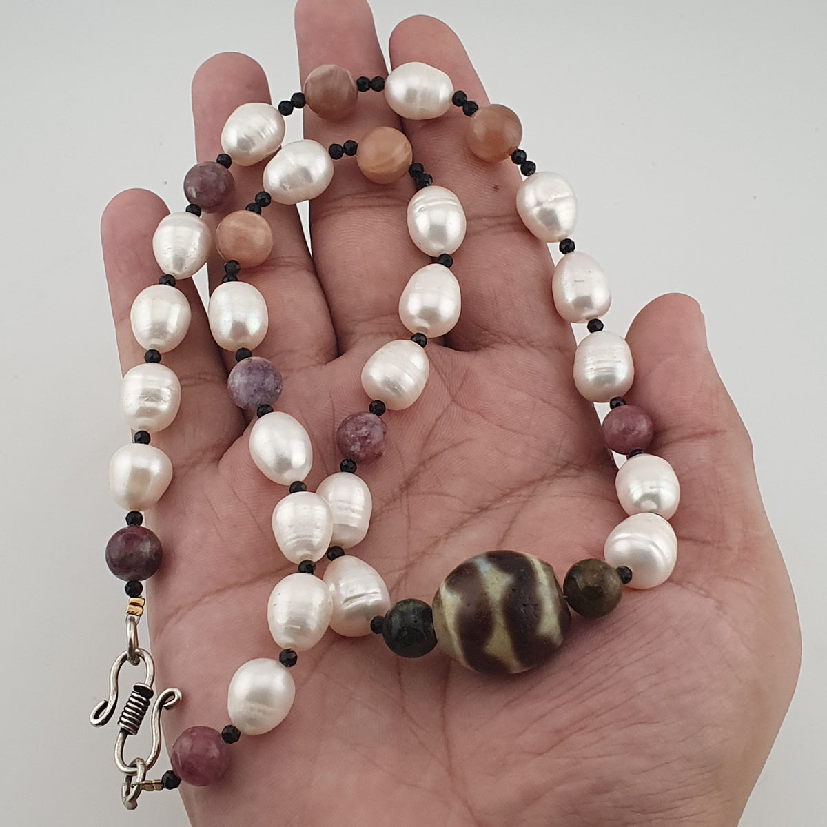 Himalayan Dzi Agate Pendant Necklace with Genuine Freshwater Pearls & Tourmaline