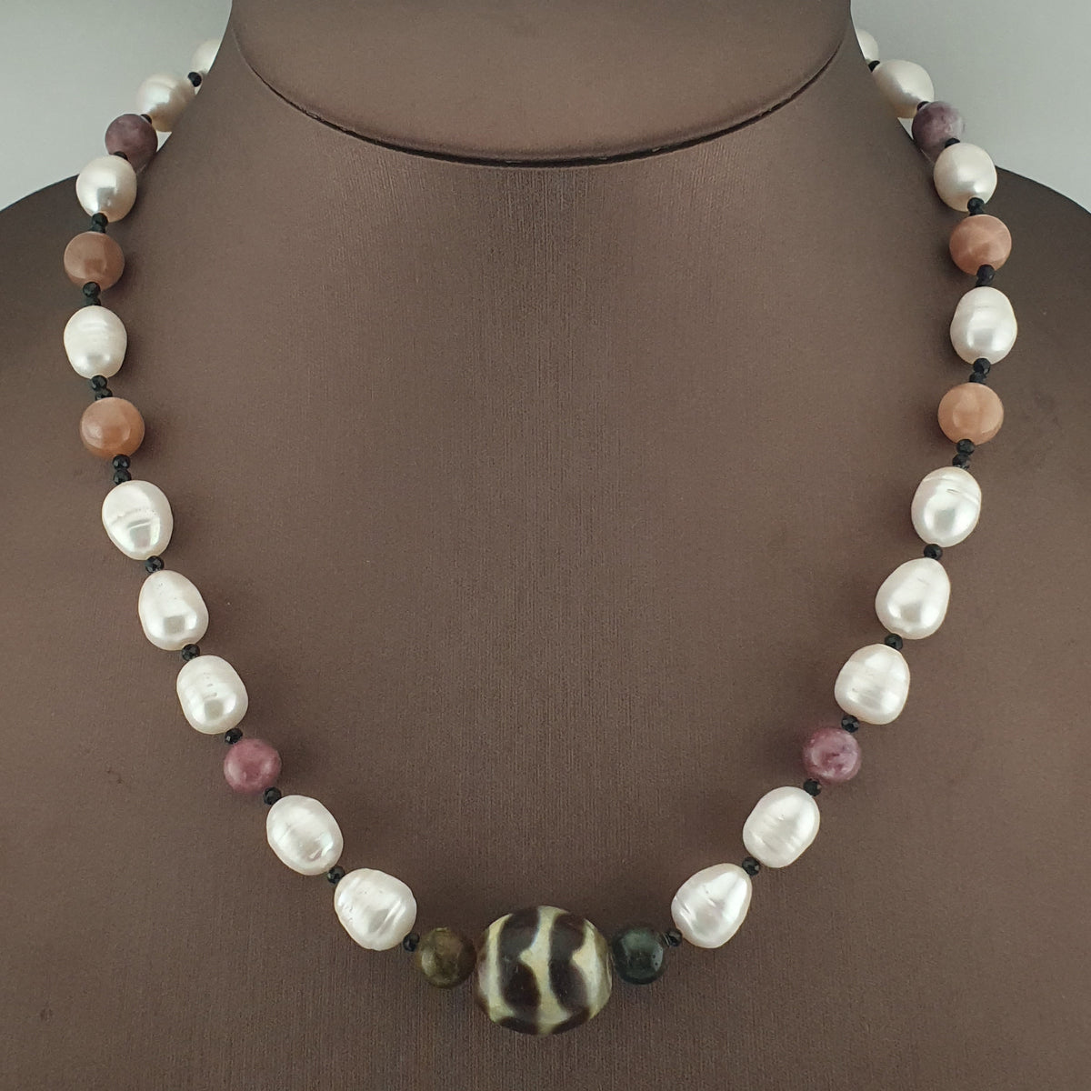 Himalayan Dzi Agate Pendant Necklace with Genuine Freshwater Pearls & Tourmaline