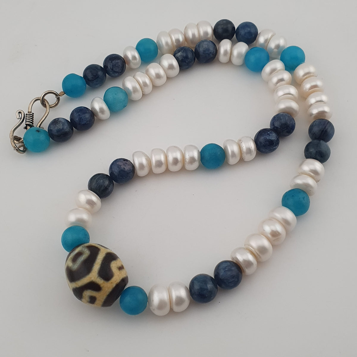 Authentic Fresh Water Pearls & Gemstone Beads With Himalayan Tibetan Dzi Pendant Necklace