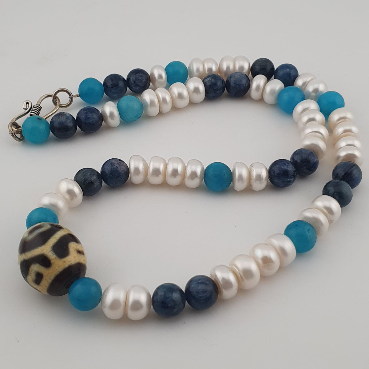 Authentic Fresh Water Pearls & Gemstone Beads With Himalayan Tibetan Dzi Pendant Necklace