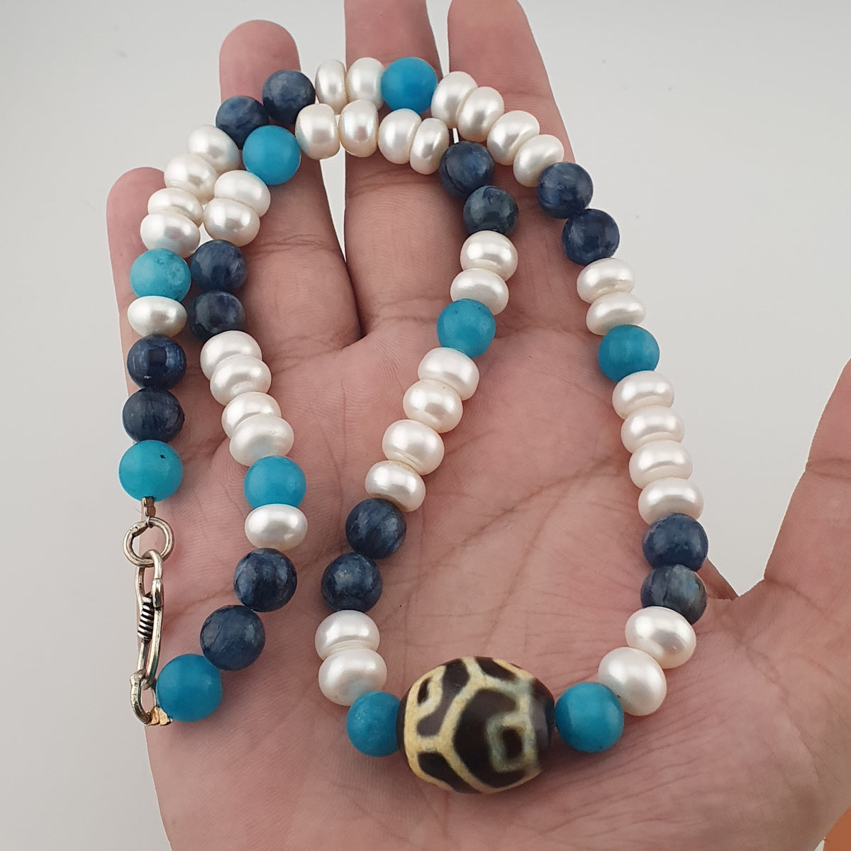 Authentic Fresh Water Pearls & Gemstone Beads With Himalayan Tibetan Dzi Pendant Necklace