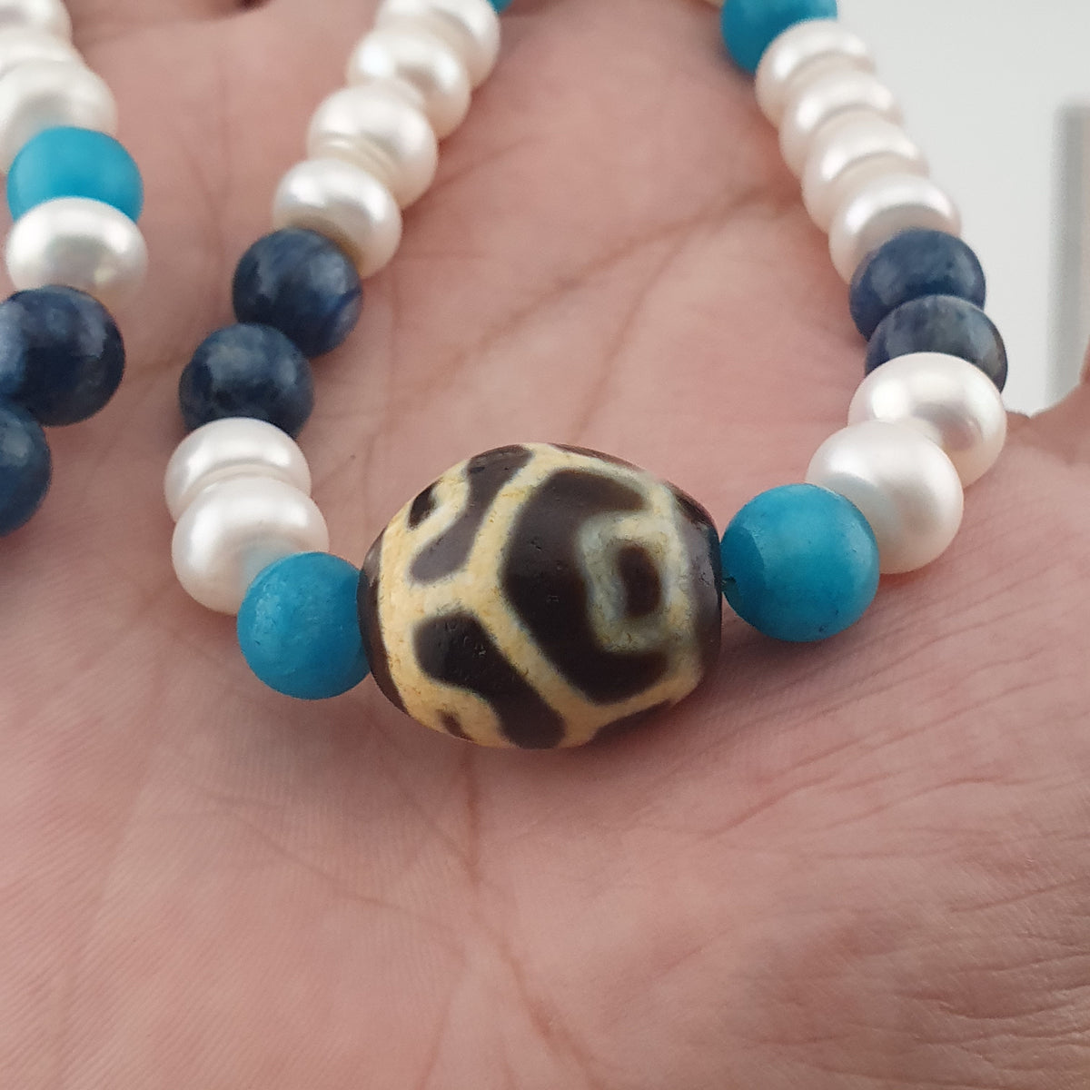 Authentic Fresh Water Pearls & Gemstone Beads With Himalayan Tibetan Dzi Pendant Necklace