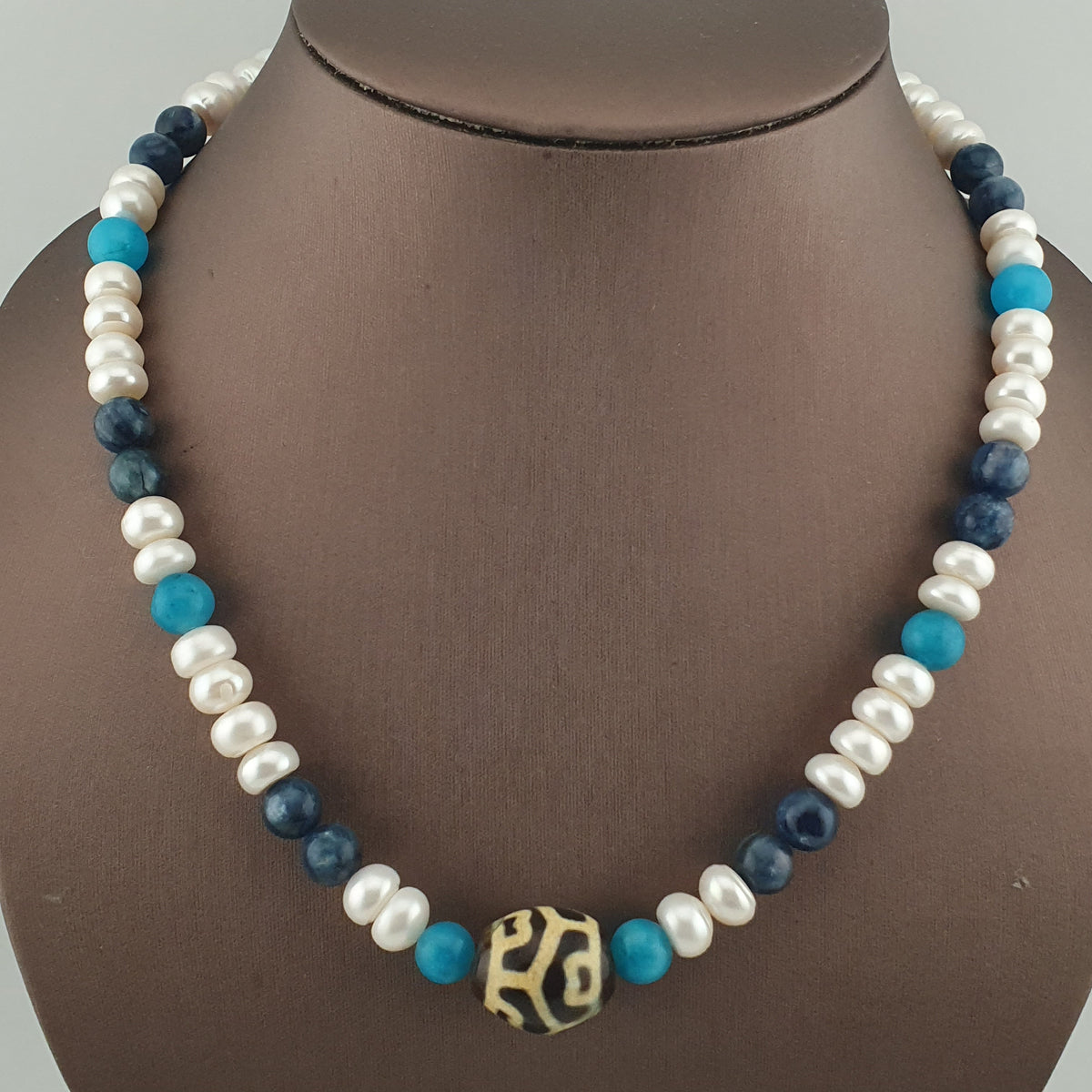 Authentic Fresh Water Pearls & Gemstone Beads With Himalayan Tibetan Dzi Pendant Necklace