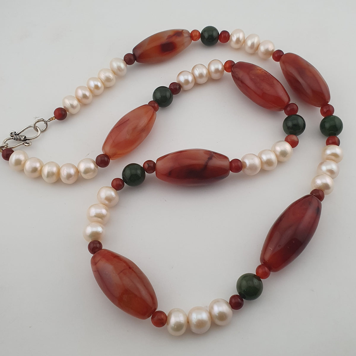 Vintage African Carnelian Statement Necklace with Genuine Pearls & Green Jade Beads
