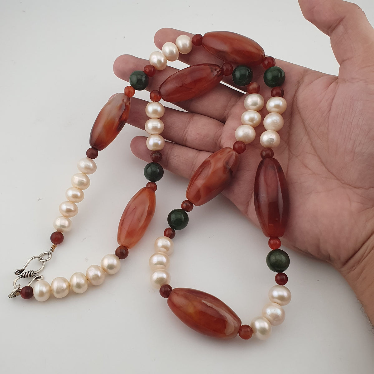 Vintage African Carnelian Statement Necklace with Genuine Pearls & Green Jade Beads