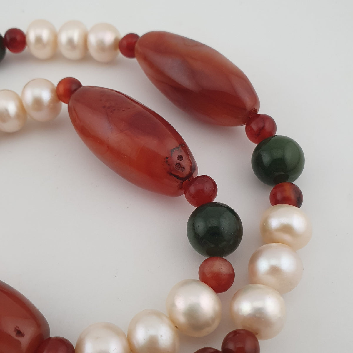 Vintage African Carnelian Statement Necklace with Genuine Pearls & Green Jade Beads