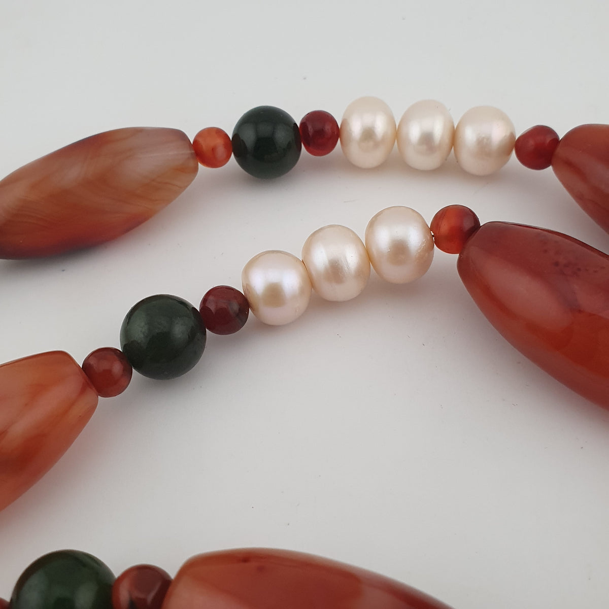 Vintage African Carnelian Statement Necklace with Genuine Pearls & Green Jade Beads