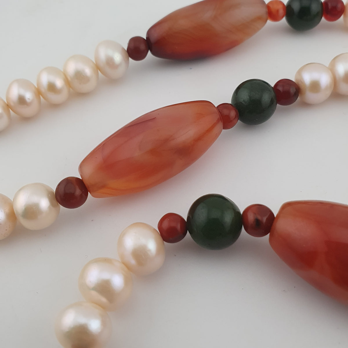 Vintage African Carnelian Statement Necklace with Genuine Pearls & Green Jade Beads