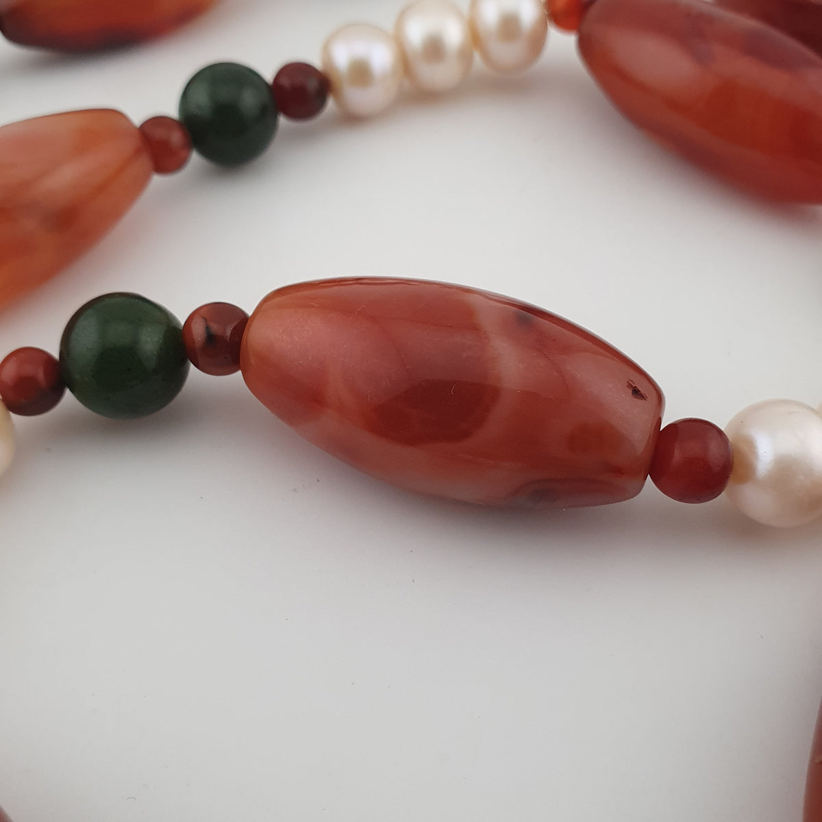 Vintage African Carnelian Statement Necklace with Genuine Pearls & Green Jade Beads