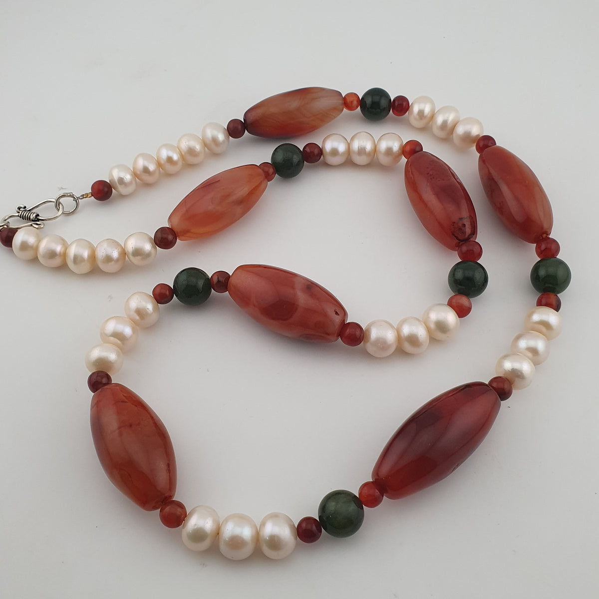 Vintage African Carnelian Statement Necklace with Genuine Pearls & Green Jade Beads