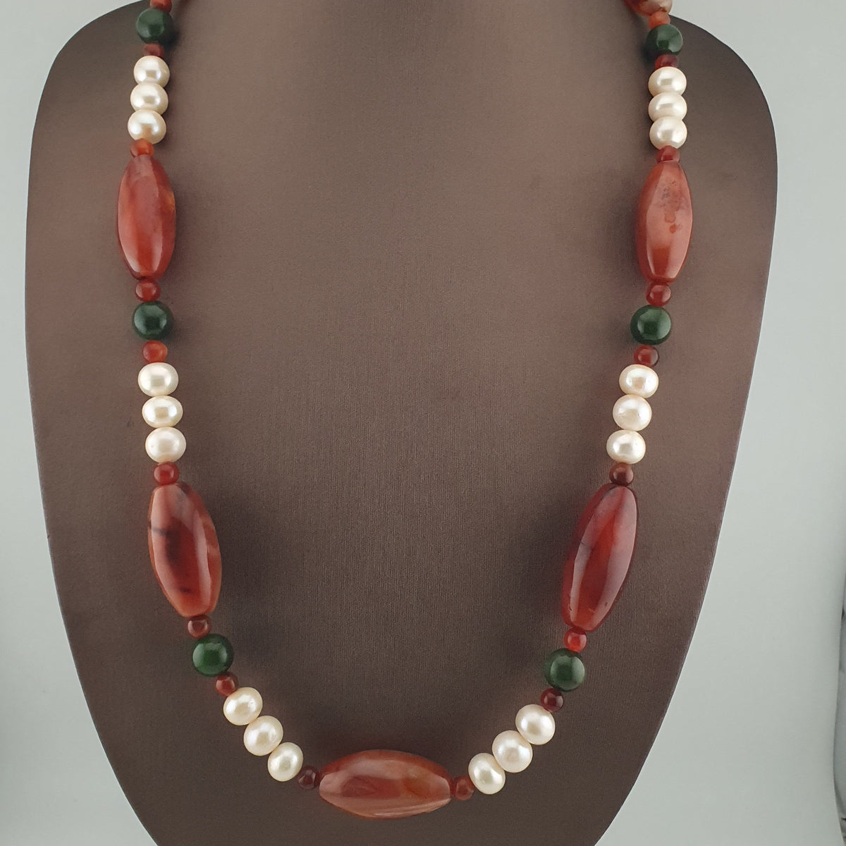 Vintage African Carnelian Statement Necklace with Genuine Pearls & Green Jade Beads