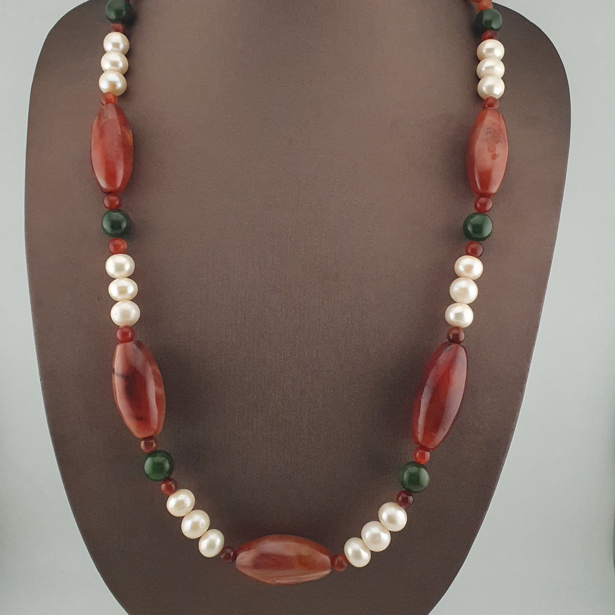 Vintage African Carnelian Statement Necklace with Genuine Pearls & Green Jade Beads