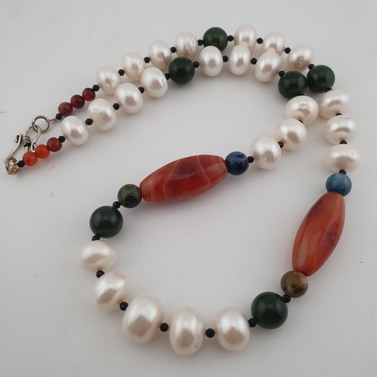 Authentic Freshwater Pearl Necklace with African Carnelian & Jade Beads