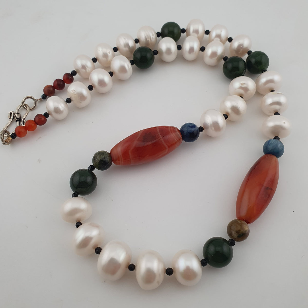 Authentic Freshwater Pearl Necklace with African Carnelian & Jade Beads