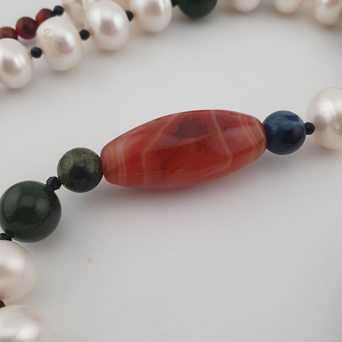 Authentic Freshwater Pearl Necklace with African Carnelian & Jade Beads