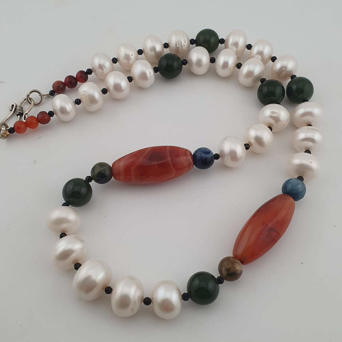 Authentic Freshwater Pearl Necklace with African Carnelian & Jade Beads