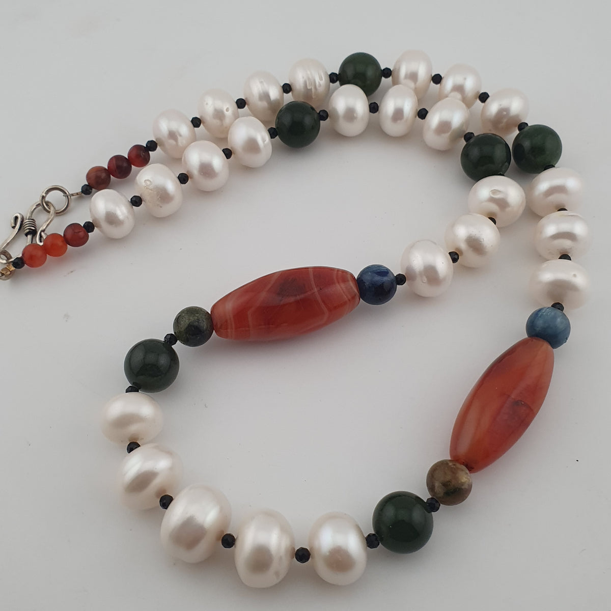 Authentic Freshwater Pearl Necklace with African Carnelian & Jade Beads