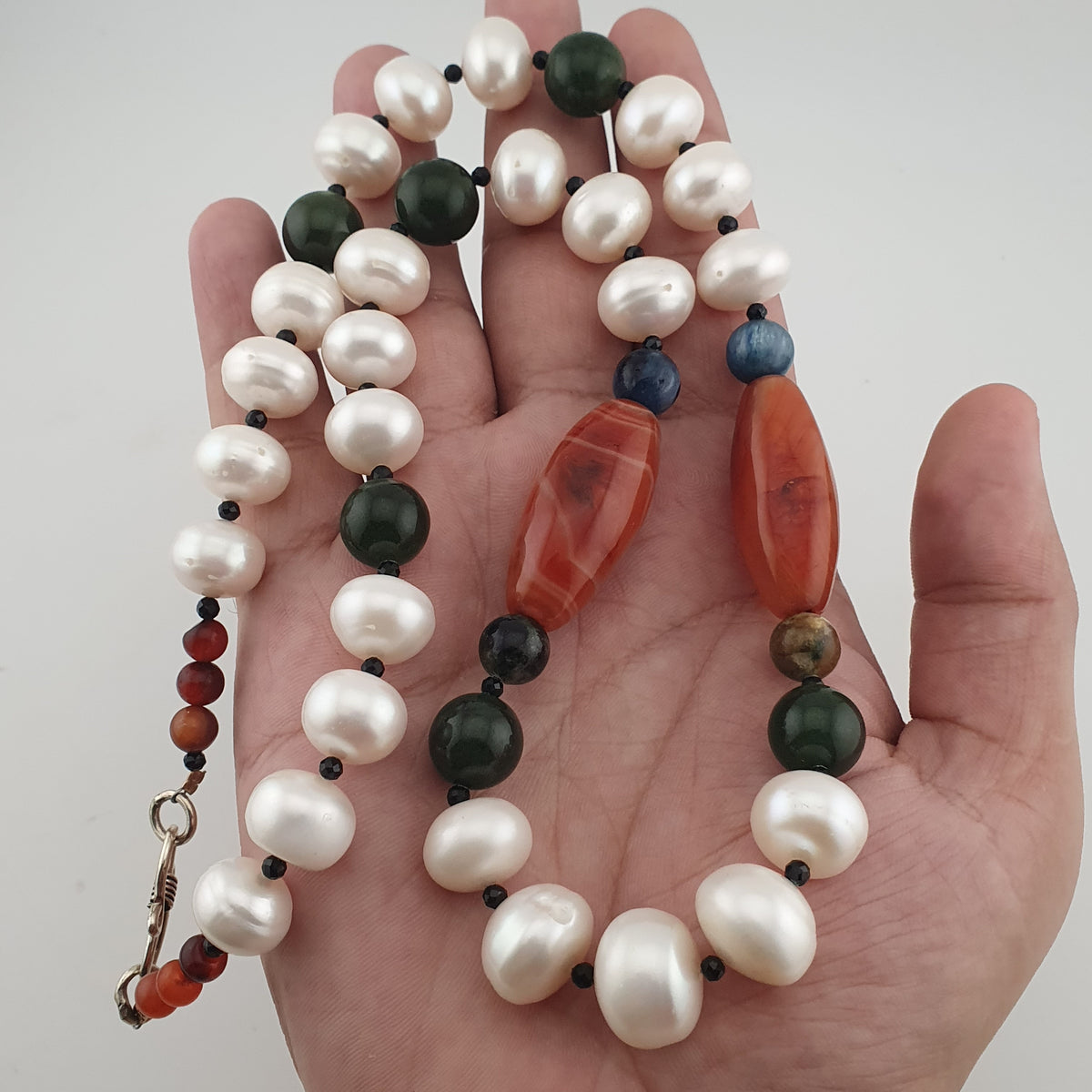 Authentic Freshwater Pearl Necklace with African Carnelian & Jade Beads