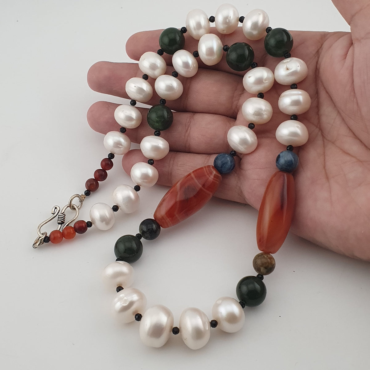 Authentic Freshwater Pearl Necklace with African Carnelian & Jade Beads