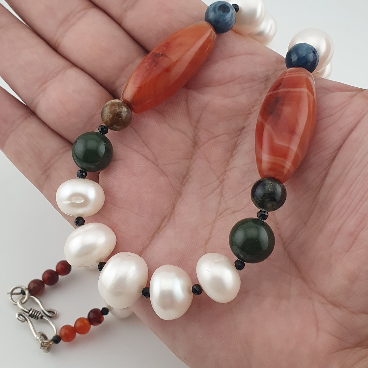 Authentic Freshwater Pearl Necklace with African Carnelian & Jade Beads