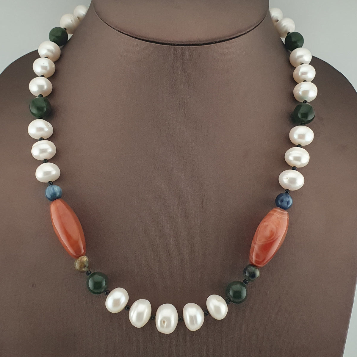 Authentic Freshwater Pearl Necklace with African Carnelian & Jade Beads