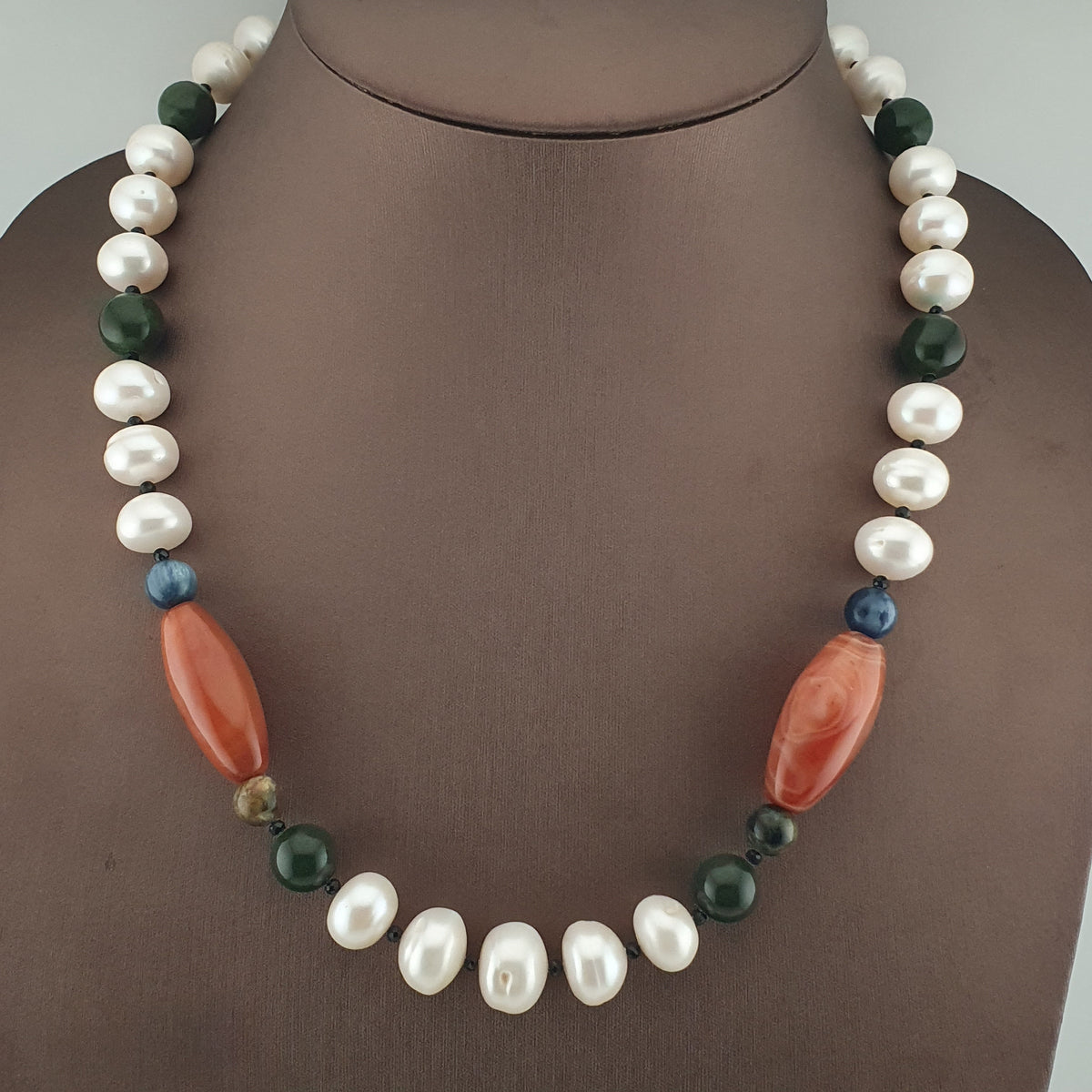 Authentic Freshwater Pearl Necklace with African Carnelian & Jade Beads