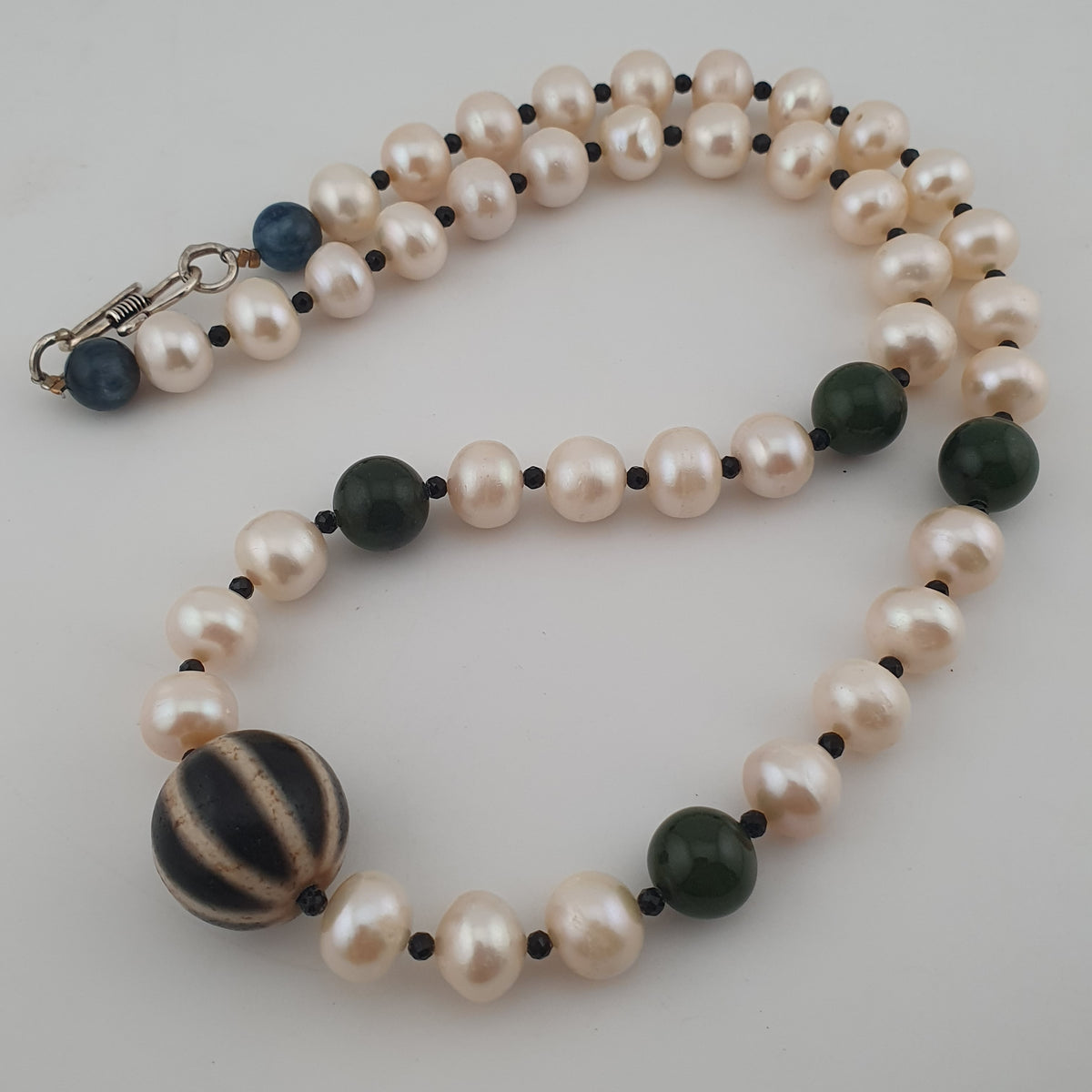 Genuine Freshwater Pearl & Green Jade Statement Necklace with Melon Dzi Pendant