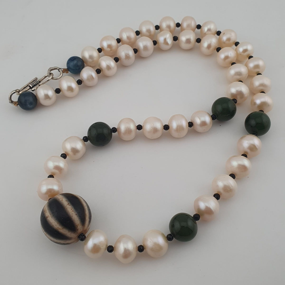 Genuine Freshwater Pearl & Green Jade Statement Necklace with Melon Dzi Pendant