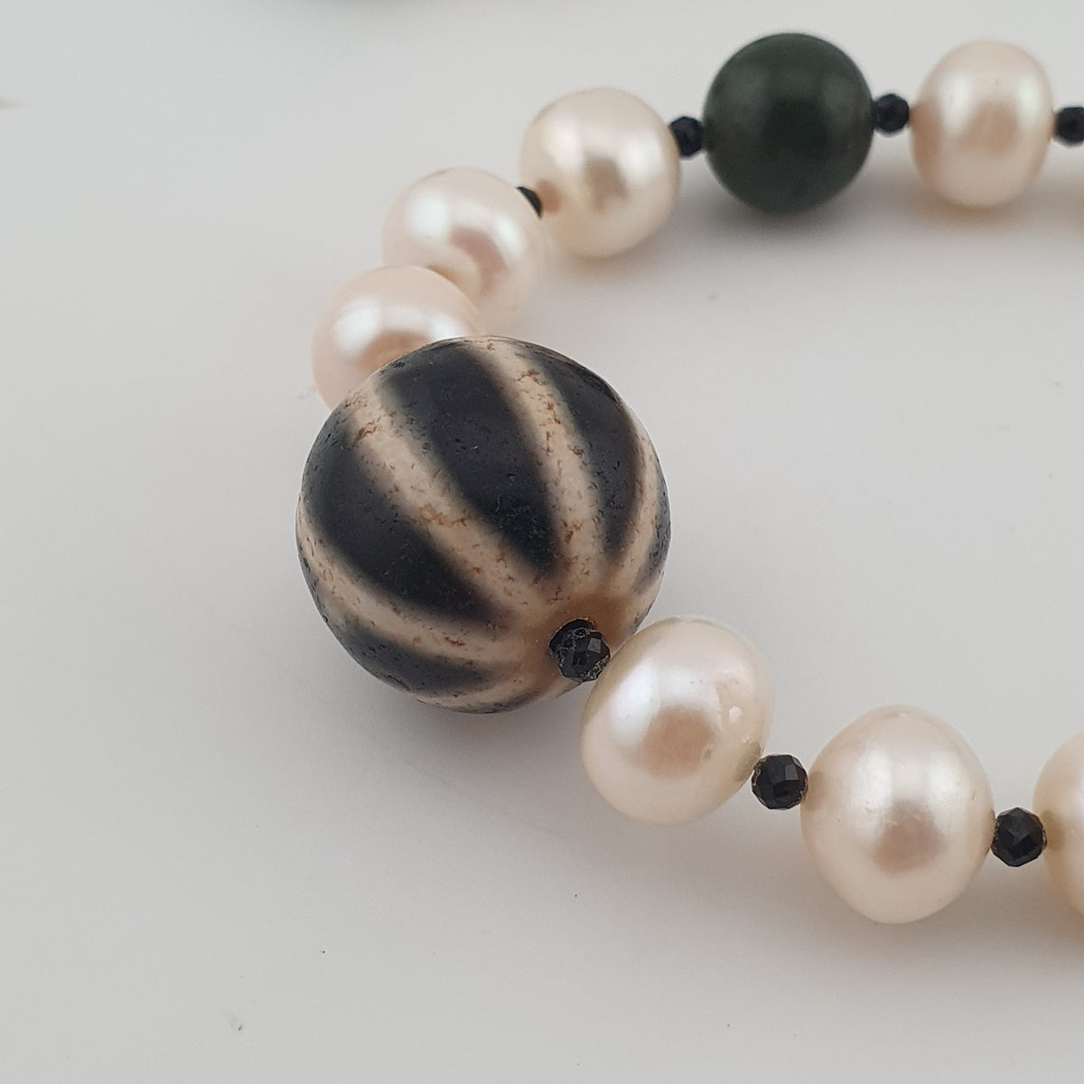 Genuine Freshwater Pearl & Green Jade Statement Necklace with Melon Dzi Pendant