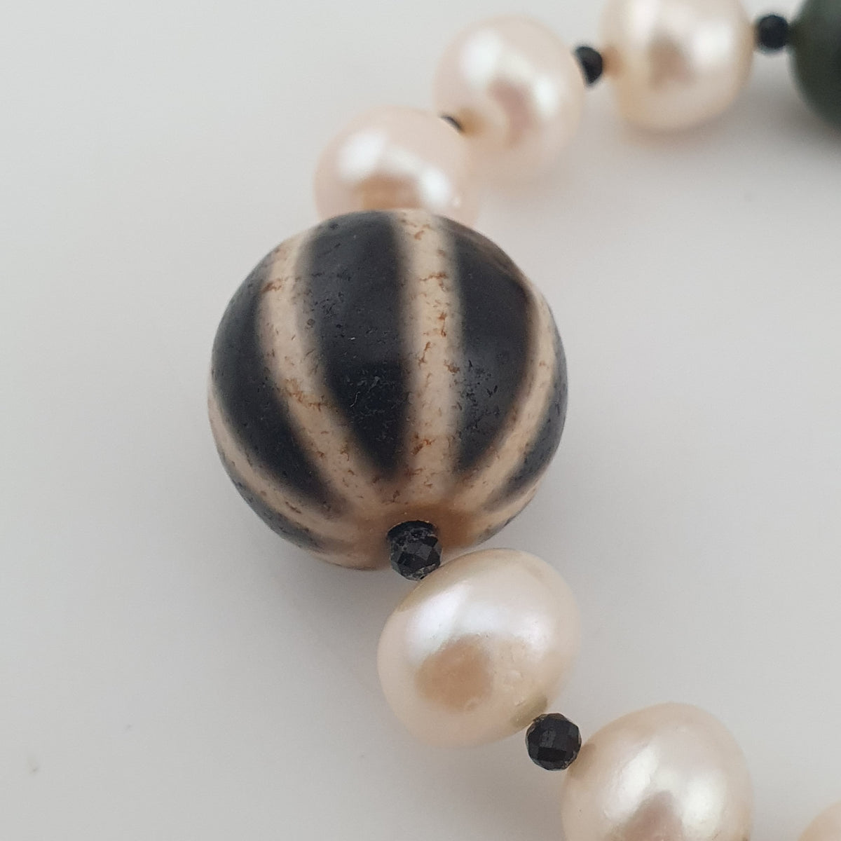 Genuine Freshwater Pearl & Green Jade Statement Necklace with Melon Dzi Pendant