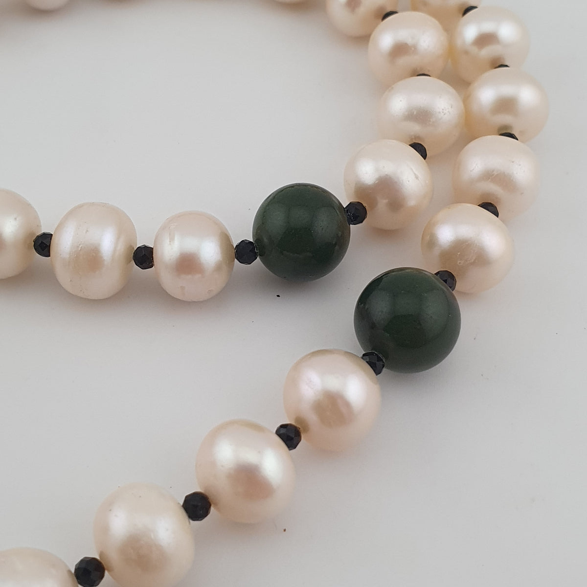 Genuine Freshwater Pearl & Green Jade Statement Necklace with Melon Dzi Pendant
